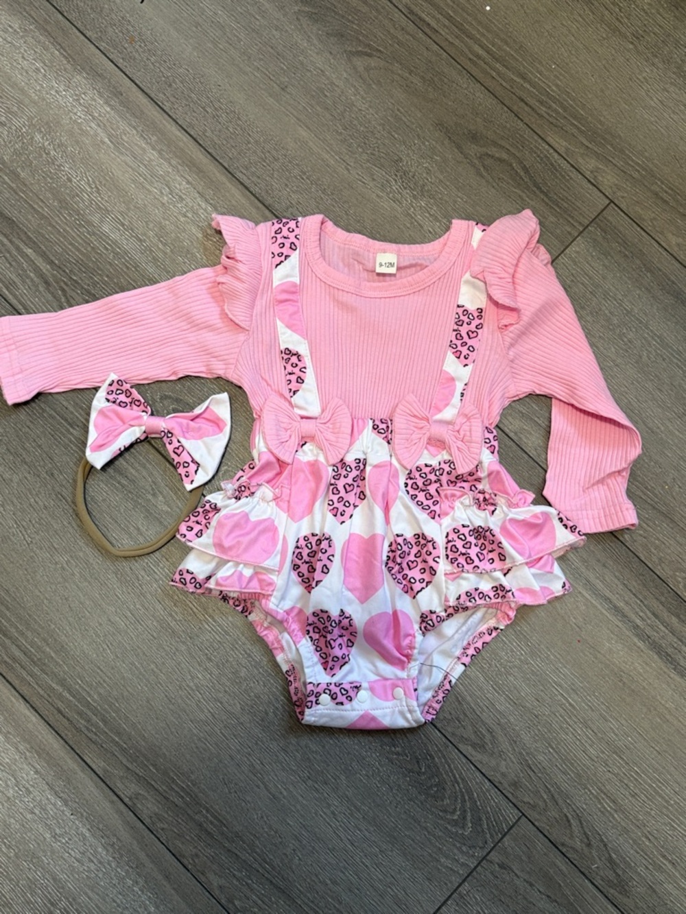 Baby Pink Heart Print Ruffle One-Piece Bodysuit with Headband